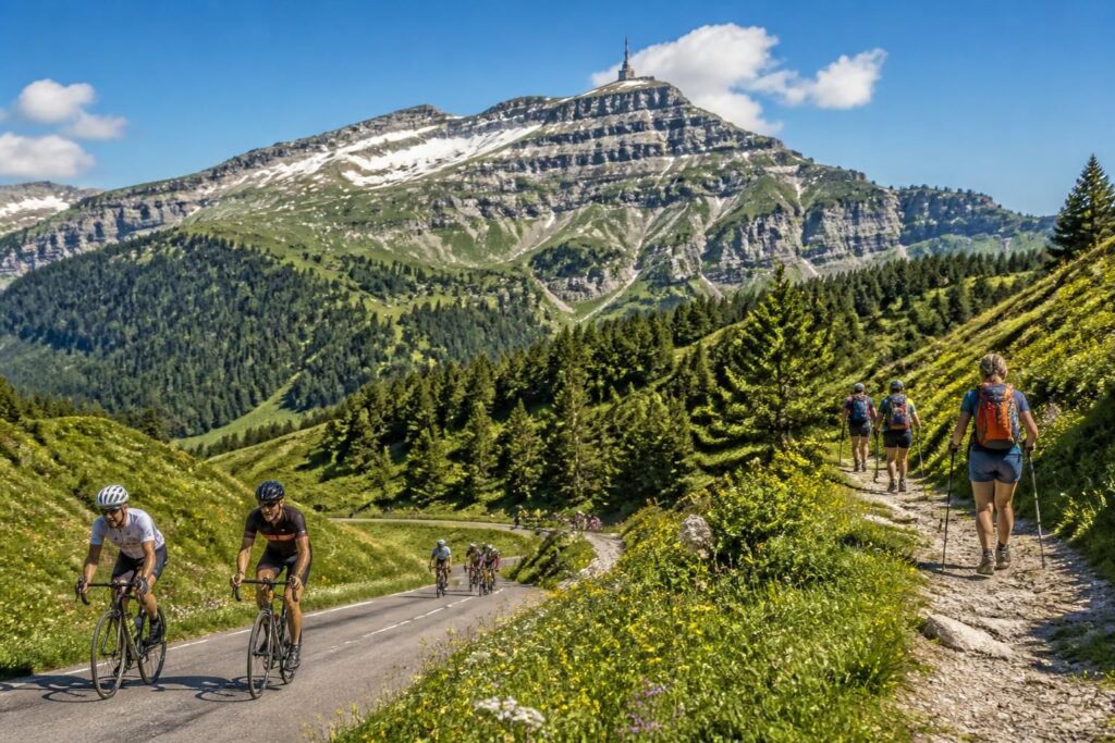 découvrez le cyclotourisme et la randonnée dans le bugey avec le grand colombier, ses cols emblématiques et les sentiers pittoresques du plateau de retord.
